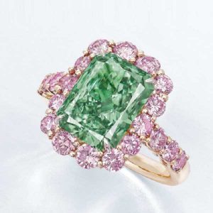 Aurora Green 5.03-carat  fancy vivid green. World record for total price and price per carat for a fancy green diamond. May 30, 2016 Christie’s Hong Kong Estimate US$16 - $20M Sold for  $16.8M Price per carat US$3.3M