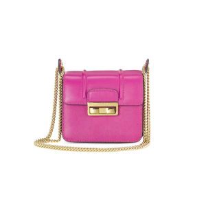 Mini Jiji by Lanvin bag in soft fuchsia calfskin, structured volume, flap decorated with a new clasp in gold-finish metal with Lanvin logo. 