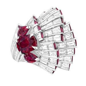"Corolle Sour Rubis" earring and ring with diamonds and rubies in white gold from the ArchidDior collection by Dior