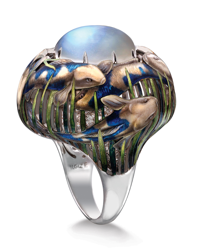 Undulating carp create this ring set with moonstones.