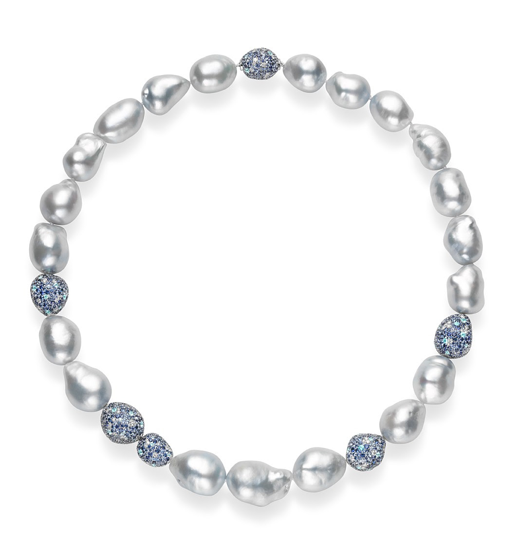Midnight Sky Necklace: Available in Cultured White South Sea Baroque Pearl 15.0x18.8mm, Diamond 4.05ct., Blue Sapphire 30.76ct., Paraiba Tourmaline 2.29ct. set in 18K White Gold.
