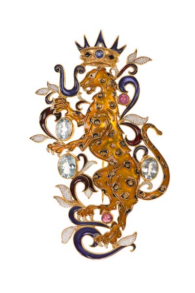 The jewellery dedicated to the Contrade in Siena, presented during “Le rêve italien de la Maison de Luxembourg par les bijoux de Percossi Papi” event. Pantera (light blue topaz, rubies, sapphire