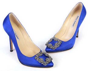One of Manolo Blahnik’s most popular designs: the cobalt blue Hangisi satin pumps so loved by Carrie Bradshaw