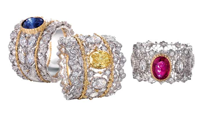 Buccellati rings from Romanza collection with blue sapphire, yellow sapphire and ruby centers. 