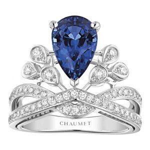 Chaumet, 'Josephine' ring with 2.96 carat pear shaped blue sapphire and seventy two brilliant cut diamonds 