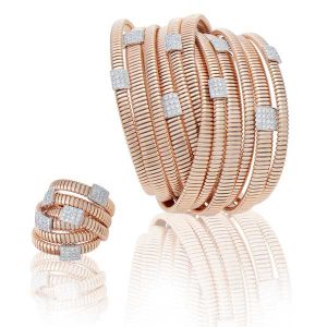 Novecentonovantanove Soft tubogas ‘intrecci’ bracelet and ring in rose gold with decorations in white gold and diamonds