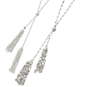 Karizia Sterling silver tassel necklaces with beads along the chain to adjust the necklace to the desired length.