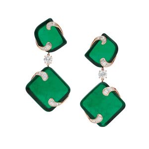 Bulgari Hidden Treasures earrings with four cut emeralds from Zambia surrounded and joined by diamonds.