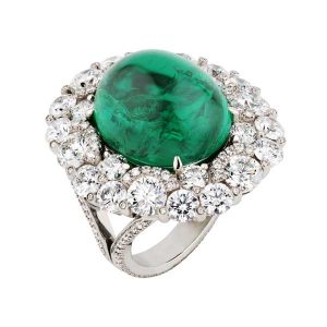 Fabergè Ring 18K white gold with Gemfields’ Zambian emeralds, 7.11 carats and diamonds, 8.89 carats. 