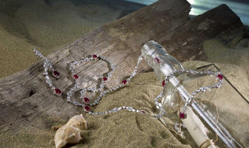 VO.GA Gioielli, “Grace” necklace and earrings in 18kt white gold with diamonds and 12 natural Burma rubies.