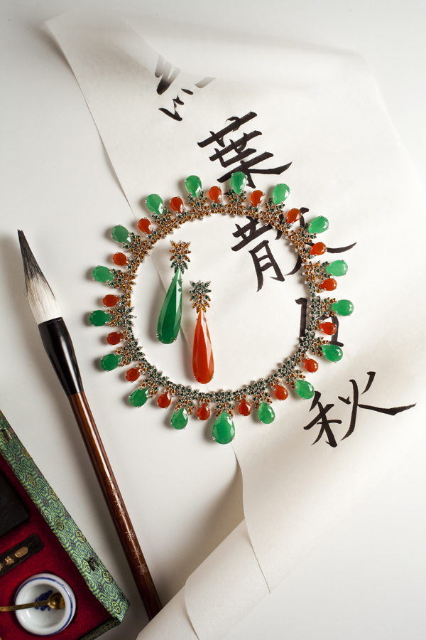 Parure by Pasquale Bruni. White gold necklace and earrings with jade, cornelian, topaz and diamonds.