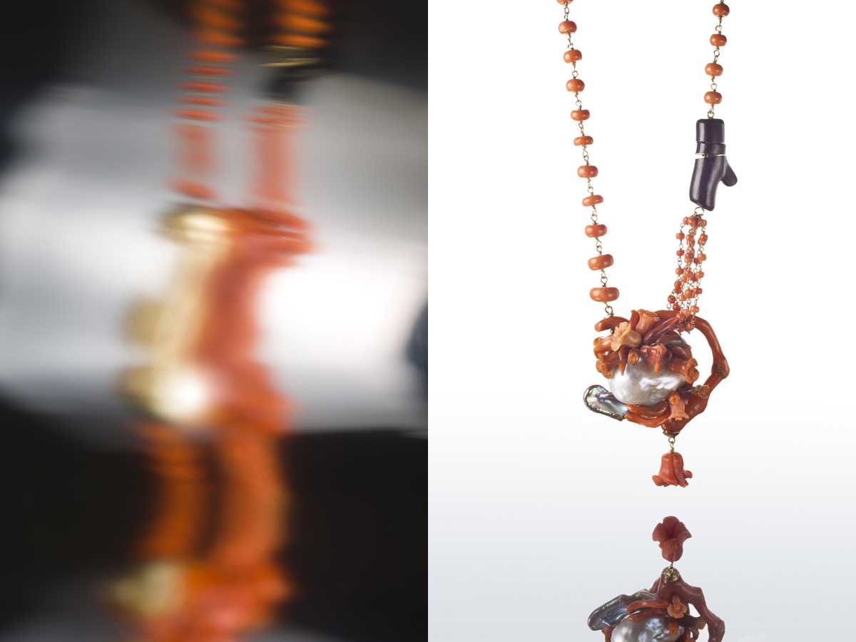 The ‘Fiori d’acqua di Oro’ collection by Sciacca. Sciacca coral necklace with fossilised coral, Australian pearls and yellow gold. Made by hand. Collezione Fiori d’acqua di Oro di Sciacc a. Collana in corallo Sciacca, corallo fossile, perle australiane e oro giallo. Lavorata a mano.