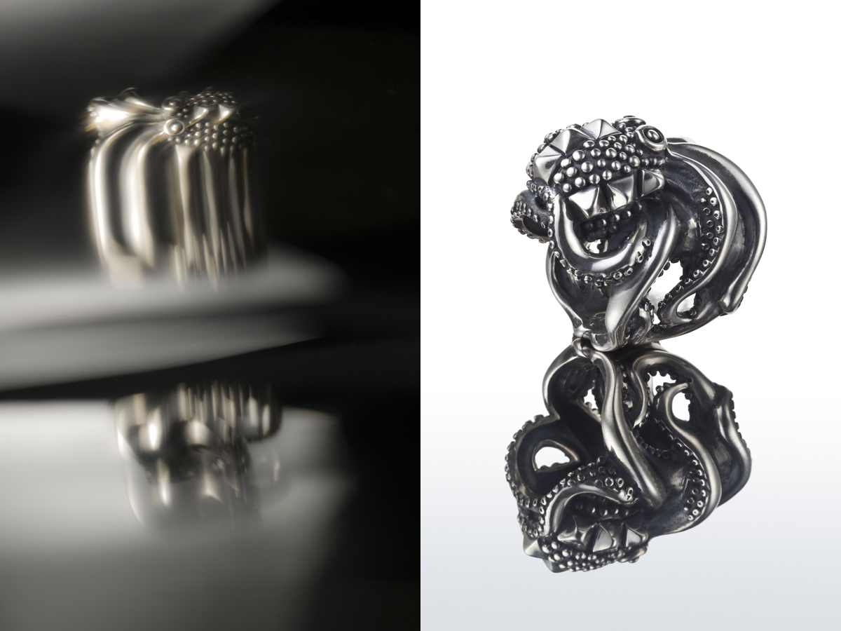 The ‘rockmantici’ animal collection by Manuel Bozzi. The handmade 925 silver ring is in the shape of a studded octopus. La collezione degli animali ‘rockmantici’ di Manuel Bozzi. Anello in argento 925 realizzato a mano raffigurante una piovra con corazza borchiata.