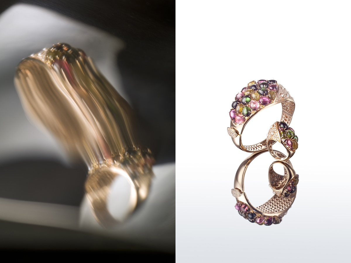 This rose gold bracelet and ring set with diamonds, micro pearls and tourmalines are from the Mythos collection by DML. Della collezione Mythos di DML, bracciale e anello in oro rosa con diamanti, micro perle e tormaline.