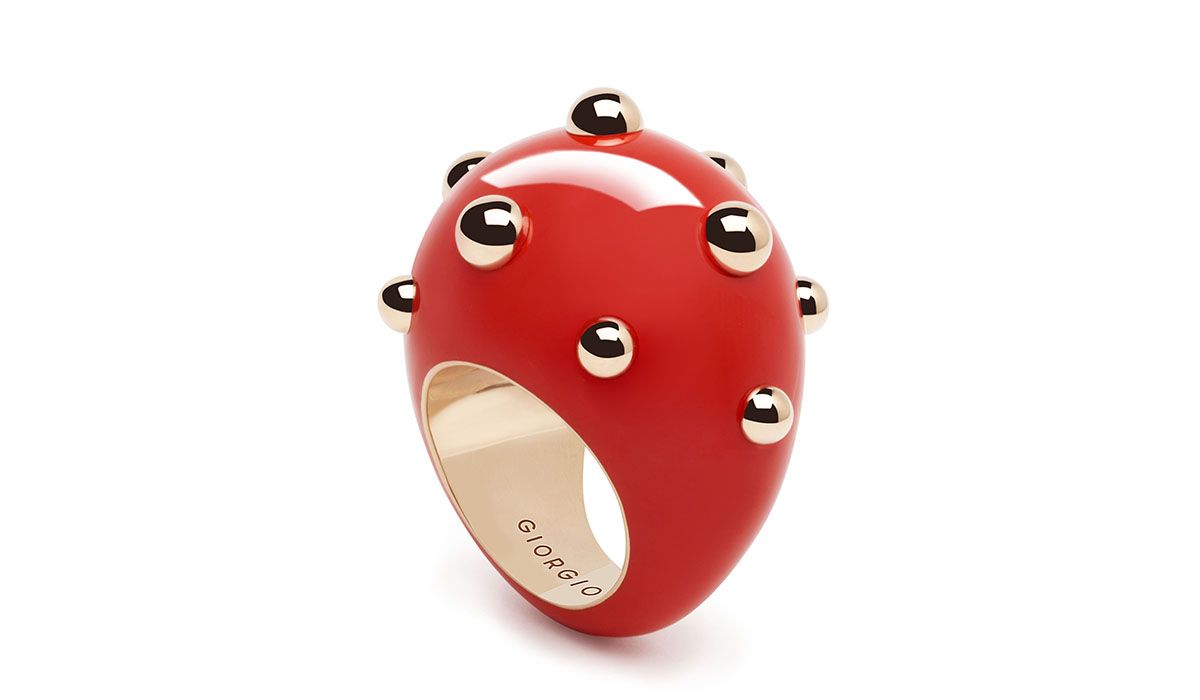Goccia rings in red enamel with rose gold spheres