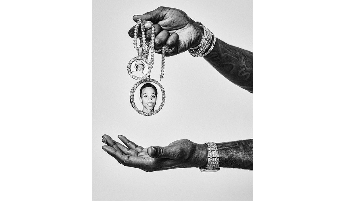 Custom photo memory pendants, common in hip-hop jewelry as a way to honor loved ones and special people, by Philadelphia based Joe the Jeweler of Shyne Jewelers in tribute to Meek’s murdered protégé Lil Snupe; Love bracelets by Cartier Copyright: Ahmed Kl