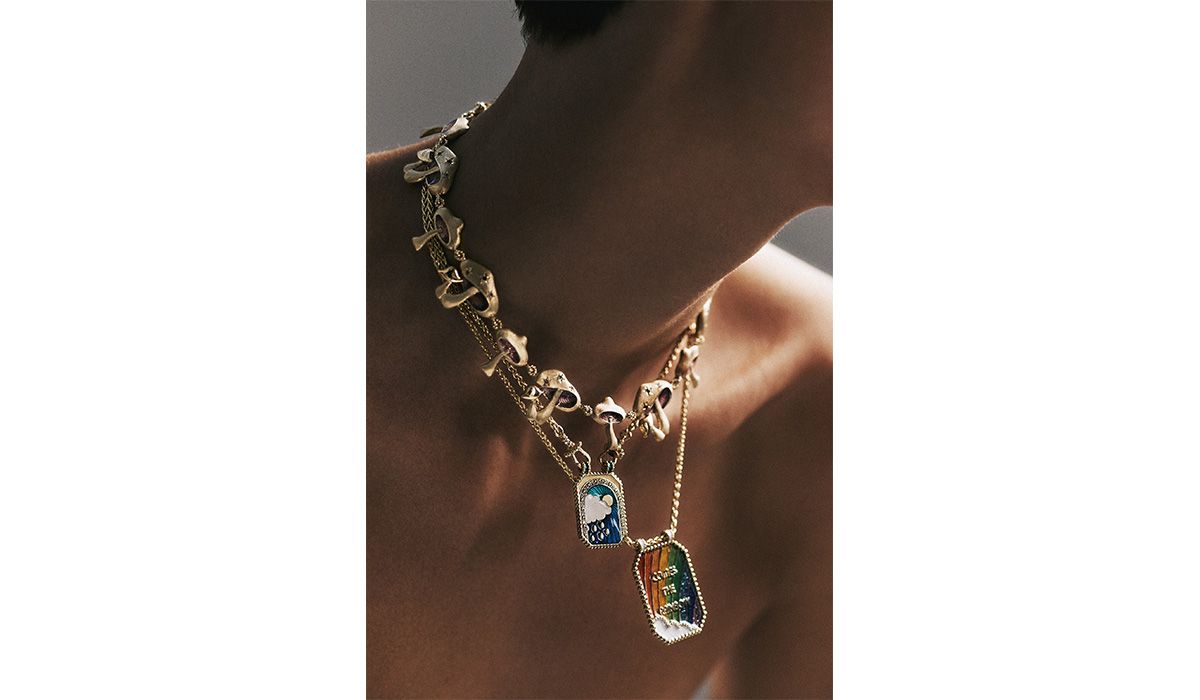 Gold and enamel Mushroom chain with sapphires; gold and diamonds After the Rain Double scapular.