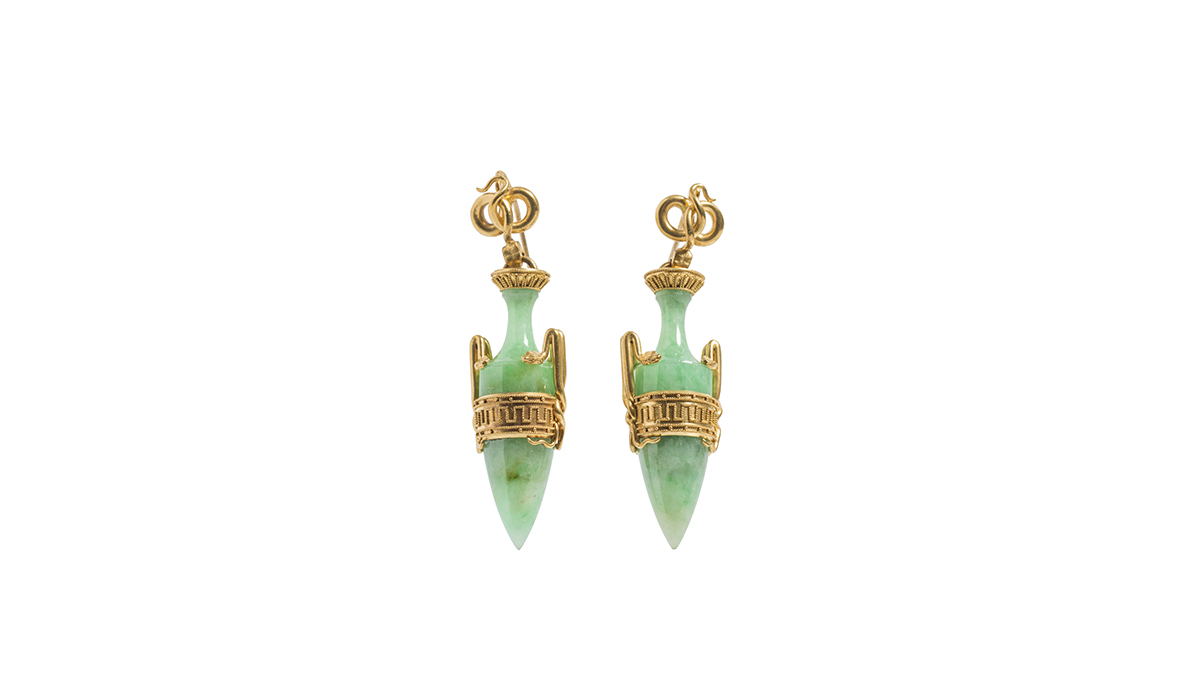 Eugène Fontenay, jade and gold earrings (1867), at the MAD, Paris. Photo Jean Tholance