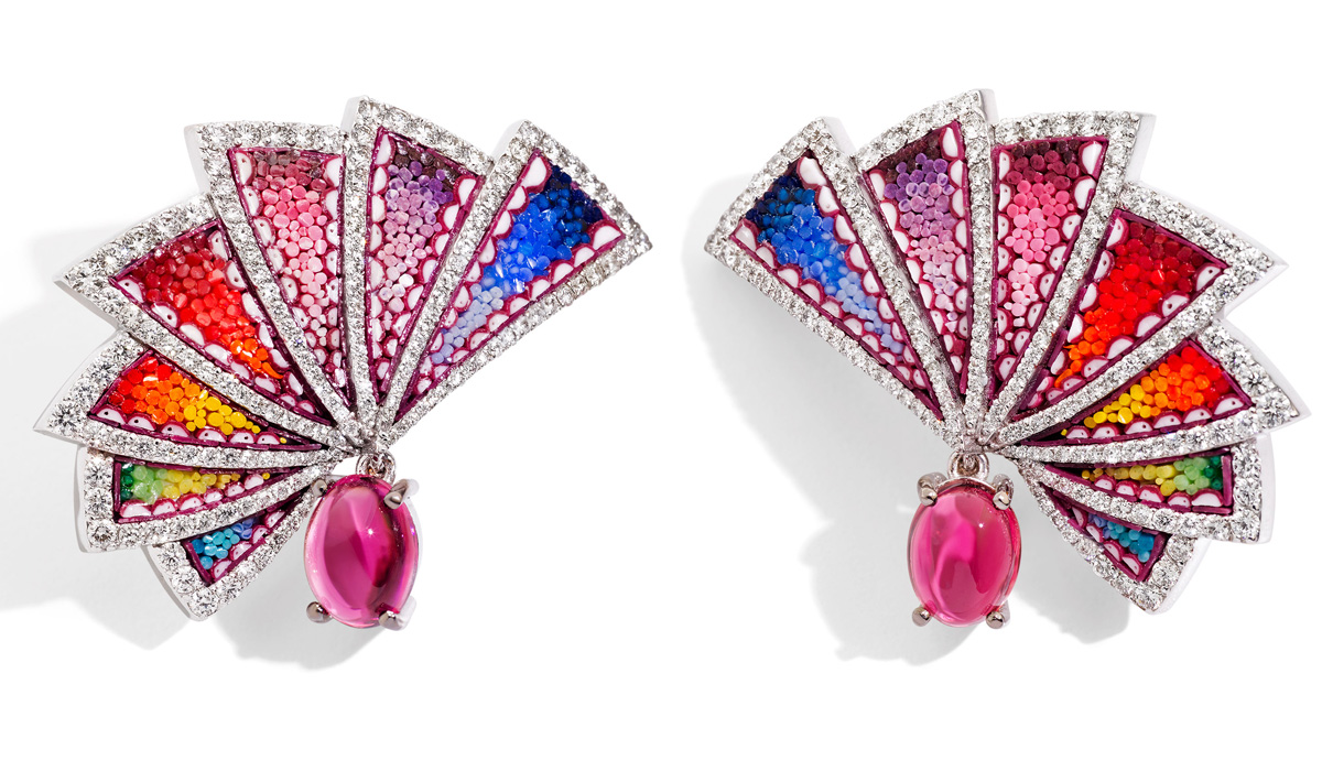 White gold earrings with micromosaic, diamonds and rubellite. Aura Eos Collection 