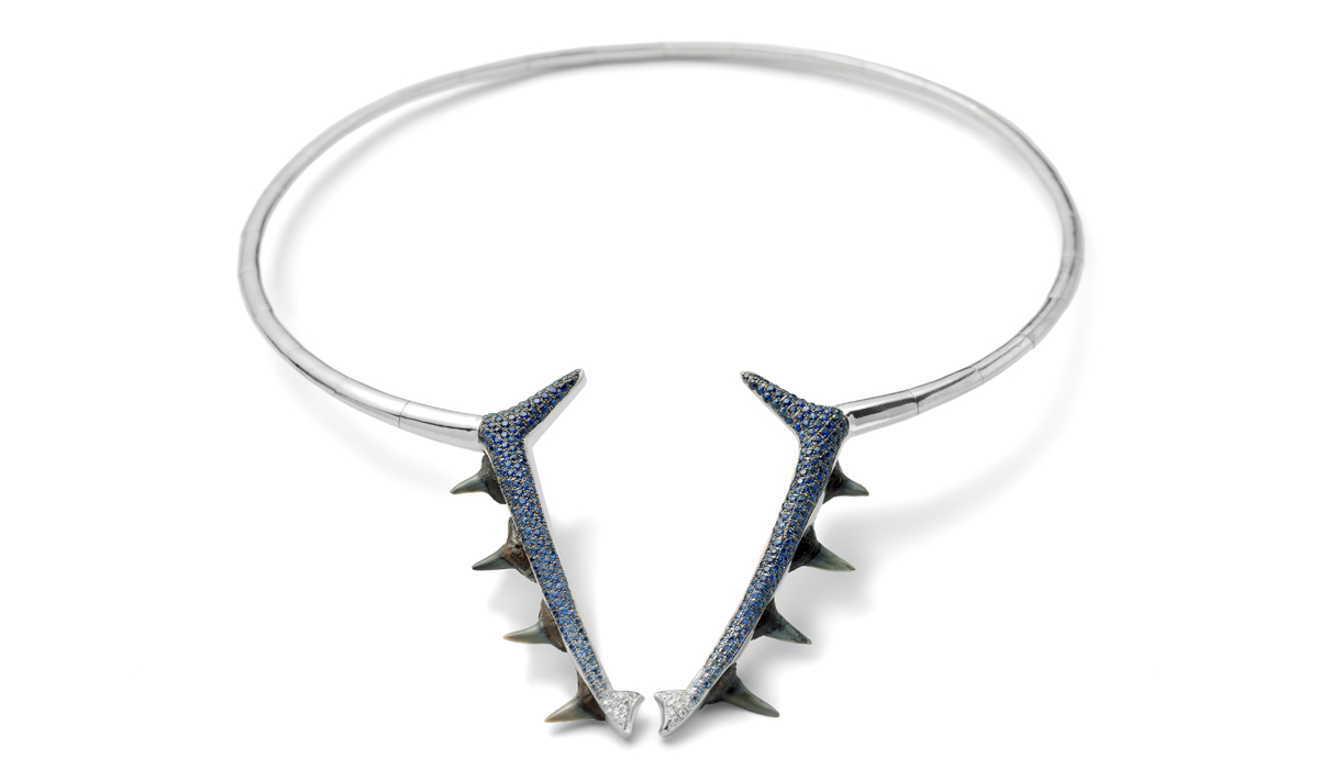 Jurassic Necklace White gold, 925 sterling silver, blue sapphires, diamonds and fossil shark teeth of Carcharinus Plumbeus, found in Bone Valley Group, Florida