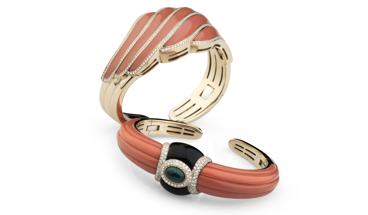 ROCK’N’ROLL collection Bangles- rose gold bangles with diamonds, red coral, onyx and emeralds 