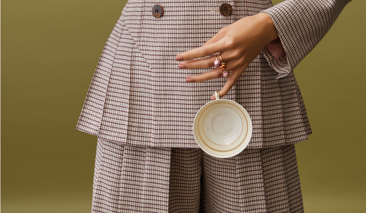 rose and yellow gold ring by cenzi vittorio, blazer and trousers FENDI. shirt nob talai