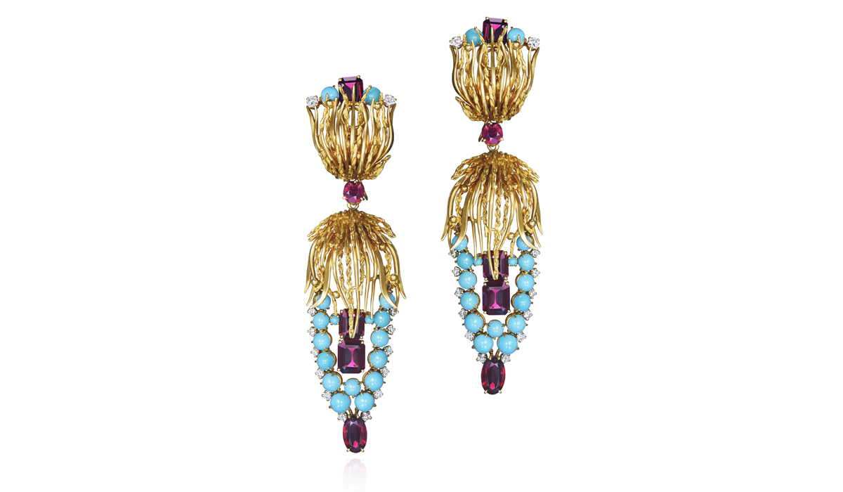 Yellow gold, turquoise and garnet pendant earrings, circa 1960s.