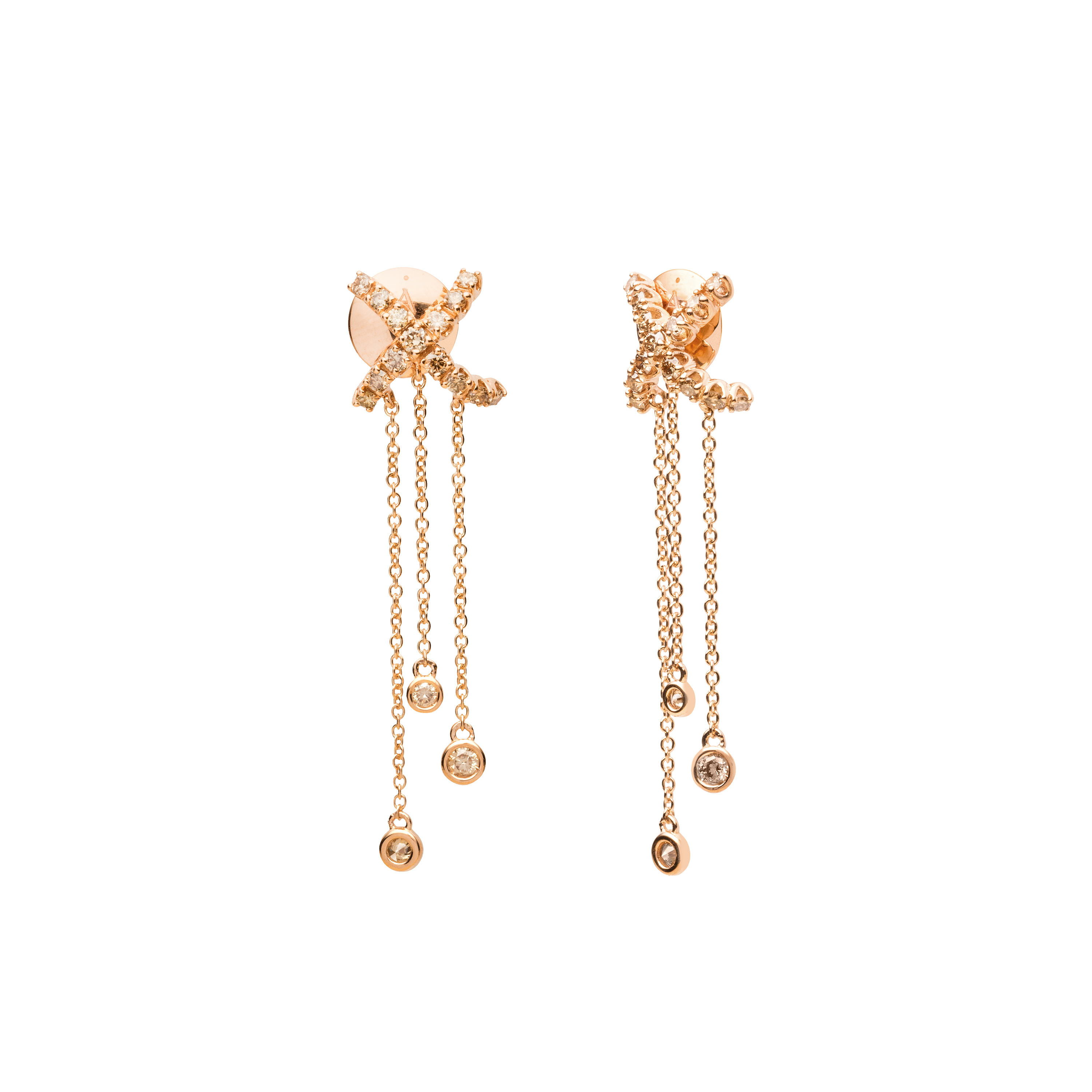 Antonini Milano Cortina orecchini X con catene oro rosa e diamanti champagne