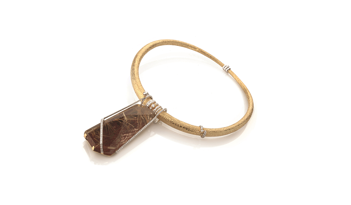 Tiziano Andorno, Spade di luce, Blond rutilated quartz, petrified dinosaur bone, 18k gold and diamonds