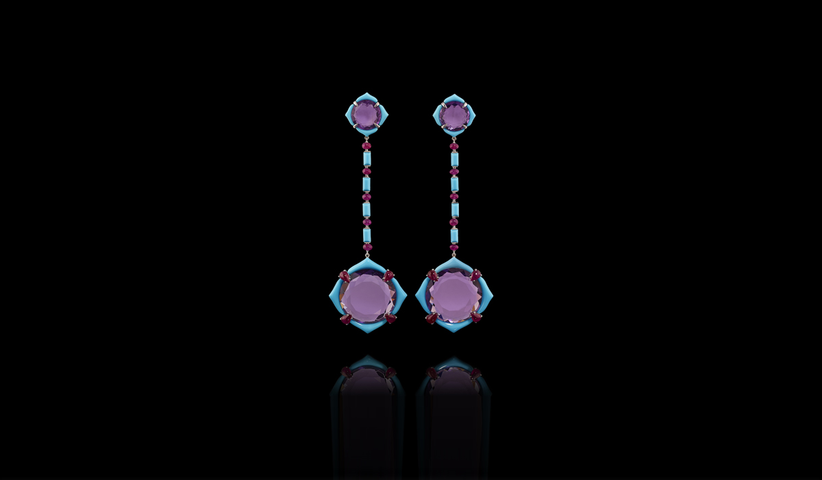 Pendants in turquoise, amethyst and rubies, part of the creative project made by the Roman designer Fabio Salini in collaboration with Rajiv Kothari