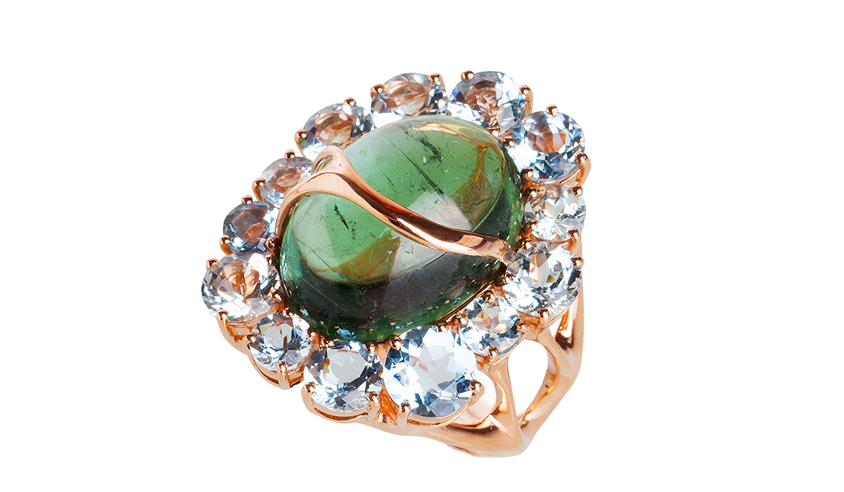 Water fall ring in rose gold with green tourmaline cabochon and aquamarine