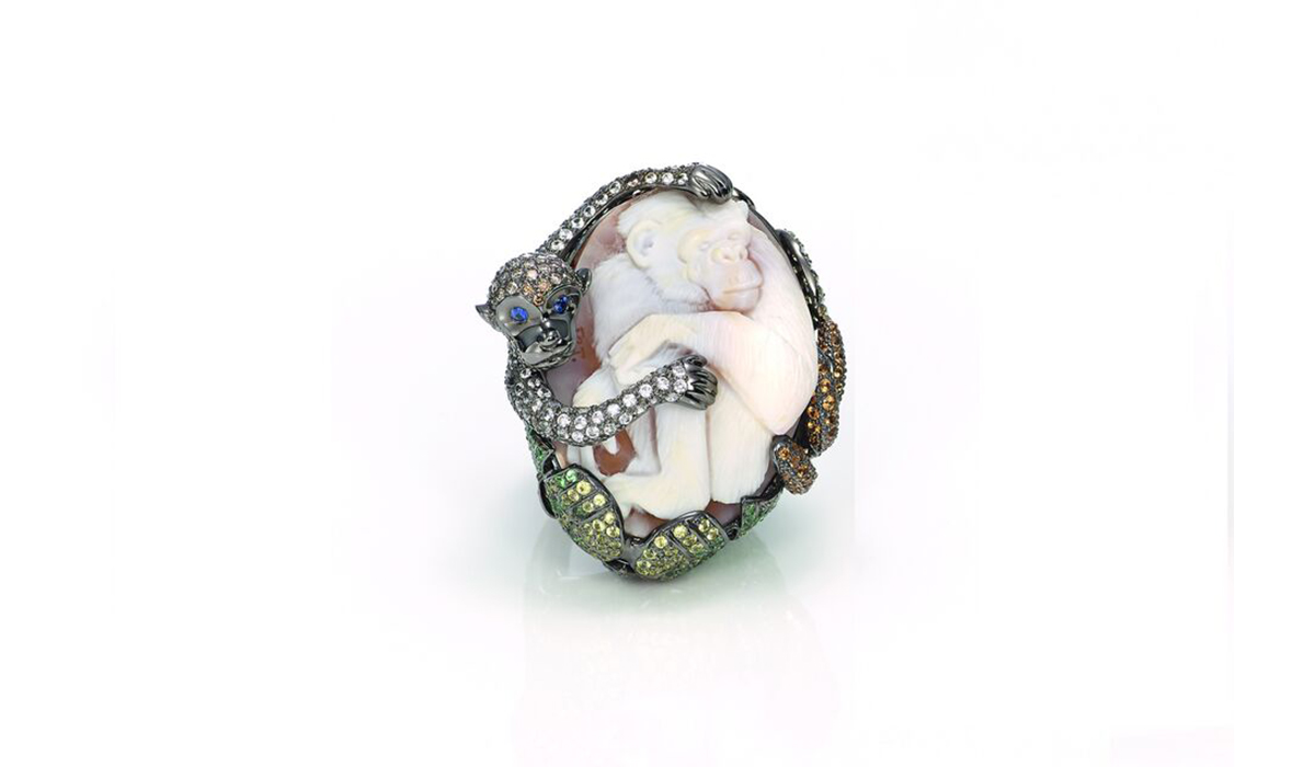  Mother of Pearl Monkey Cameo Gold Ring by Wendy Yue