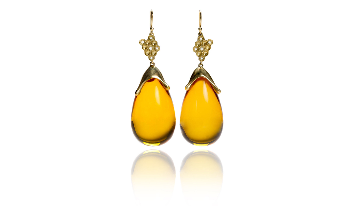 Diamond Baltic Amber Honey Drop Earrings by Annette Ferdinandsen, 