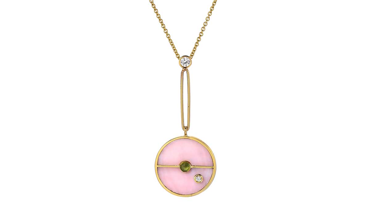 Pink opal with green tourmaline Compass pendant. Retrouvai.
