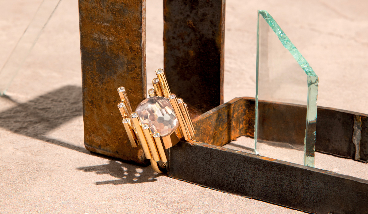 Golden brass ‘Neptune’ ring with quartz and cubic zirconia, Metropolis collection, fabio CAMMARATA.