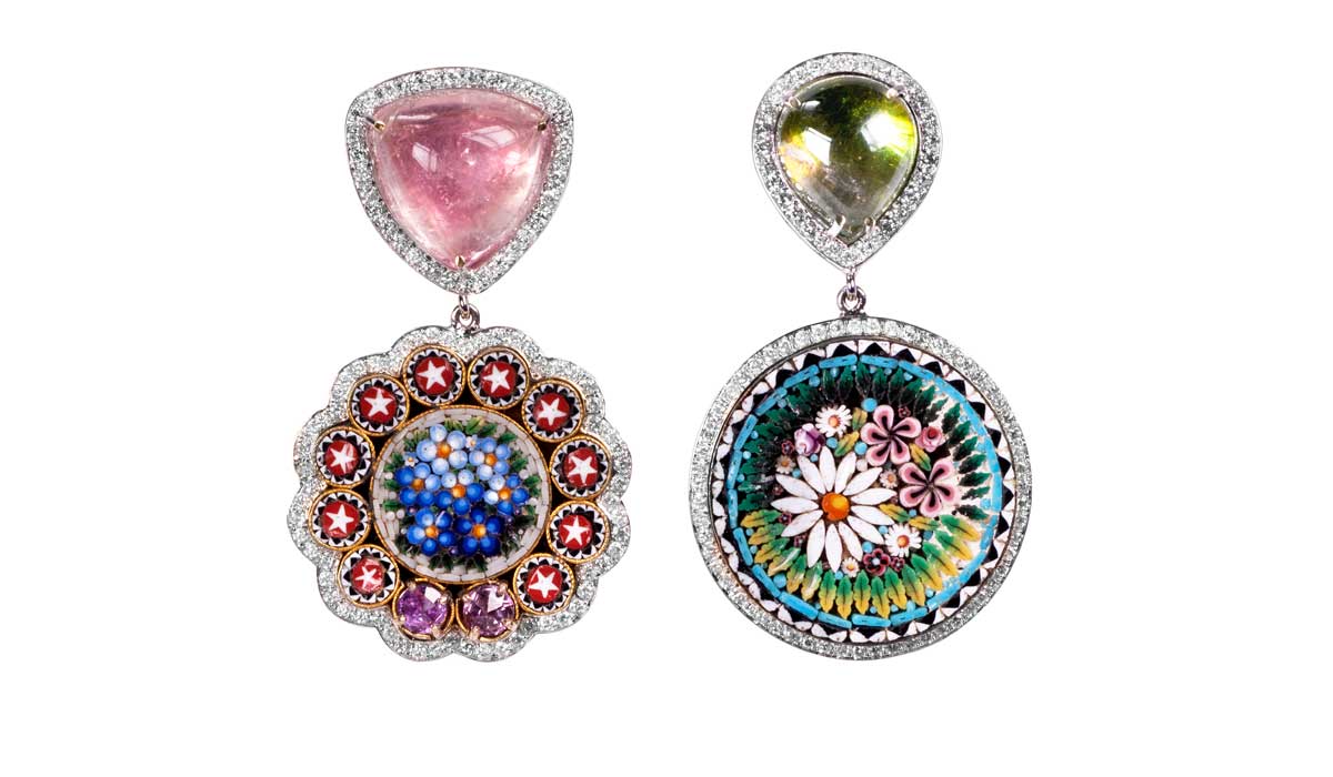 Micromosaic, diamonds and enamel earrings with gemstones. Andre Marcha.