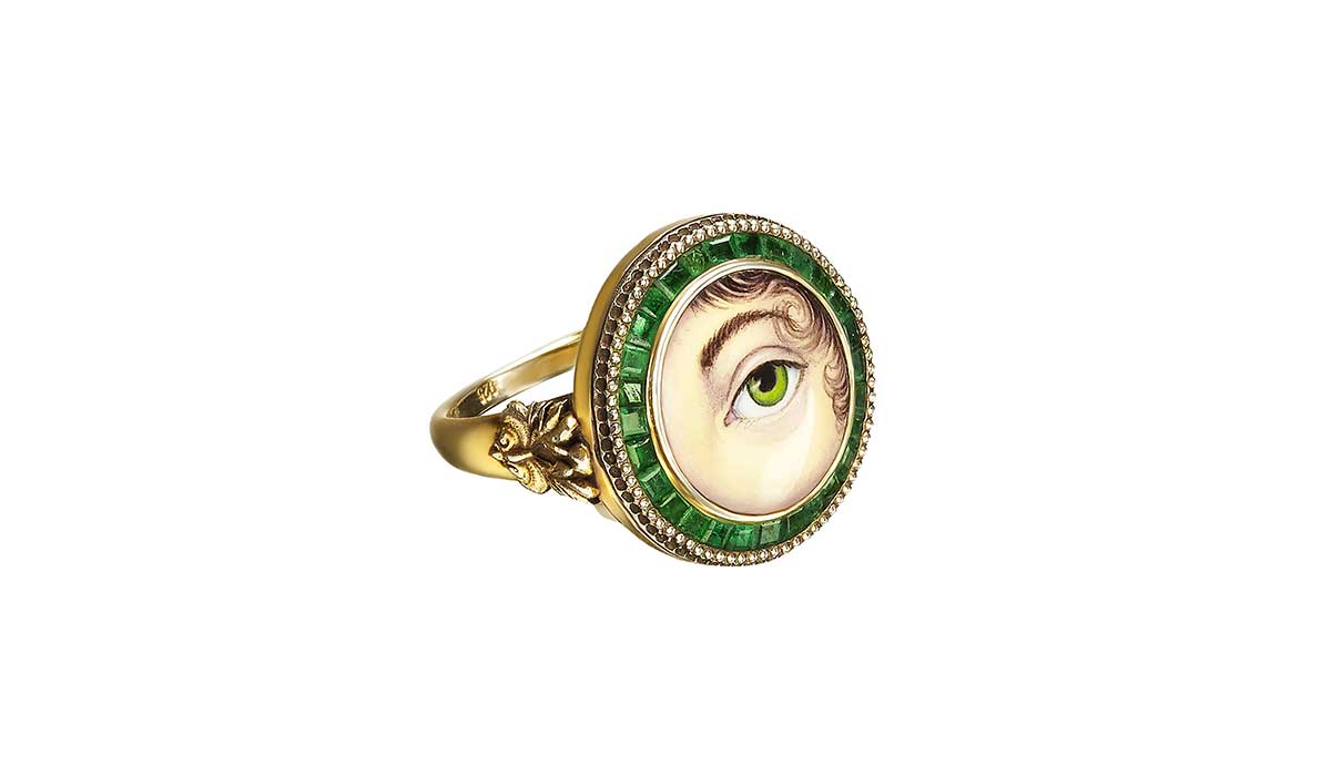 Guardian Eye ring in gold and enamel with emeralds.