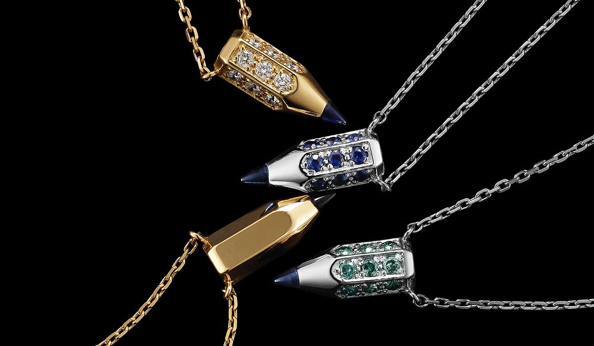Mini Pencil pendant necklaces with precious stones.