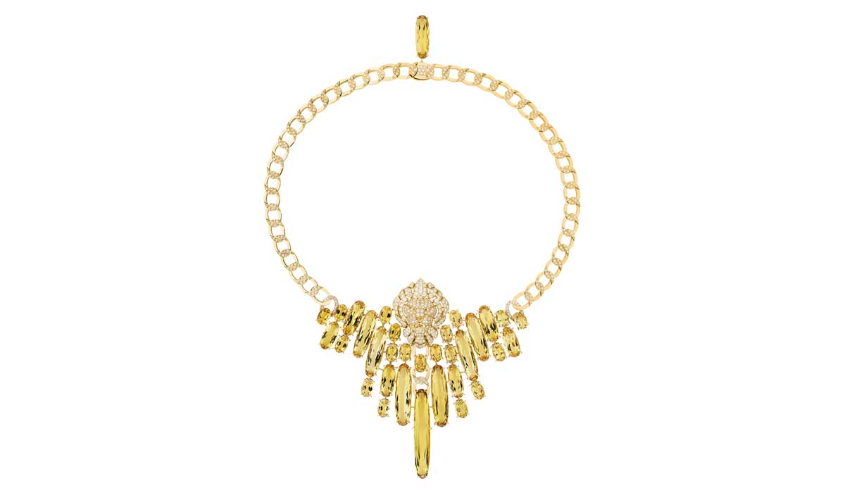 Dazzling necklace in gold set with oval cut yellow beryls and 454 brilliant cut diamonds.