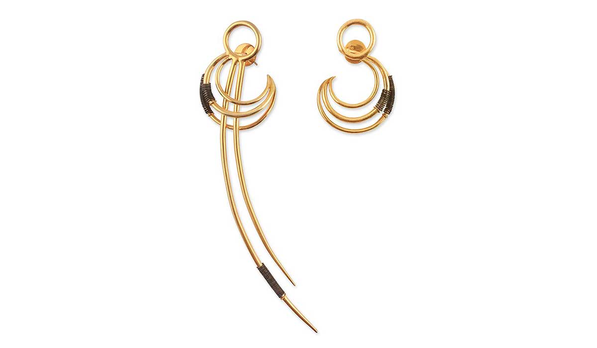 Golden sterling silver Katana earrings. Misho