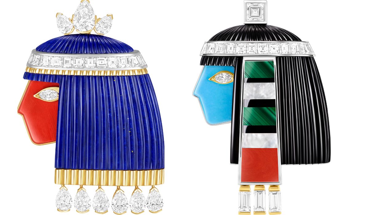 Silhouette divine clip and pendant, in white and yellow gold, coral, turquoise, malachite, white mother-of-pearl, onyx, diamonds. Silhouette précieuse clip and pendant, in white and yellow gold, coral, lapis lazuli, diamonds