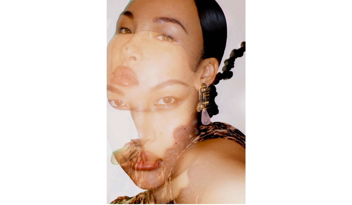 14 kt yellow gold vermeil Petal Drop earring with rose quartz and green amethyst, Collina Strada x Awe collection.