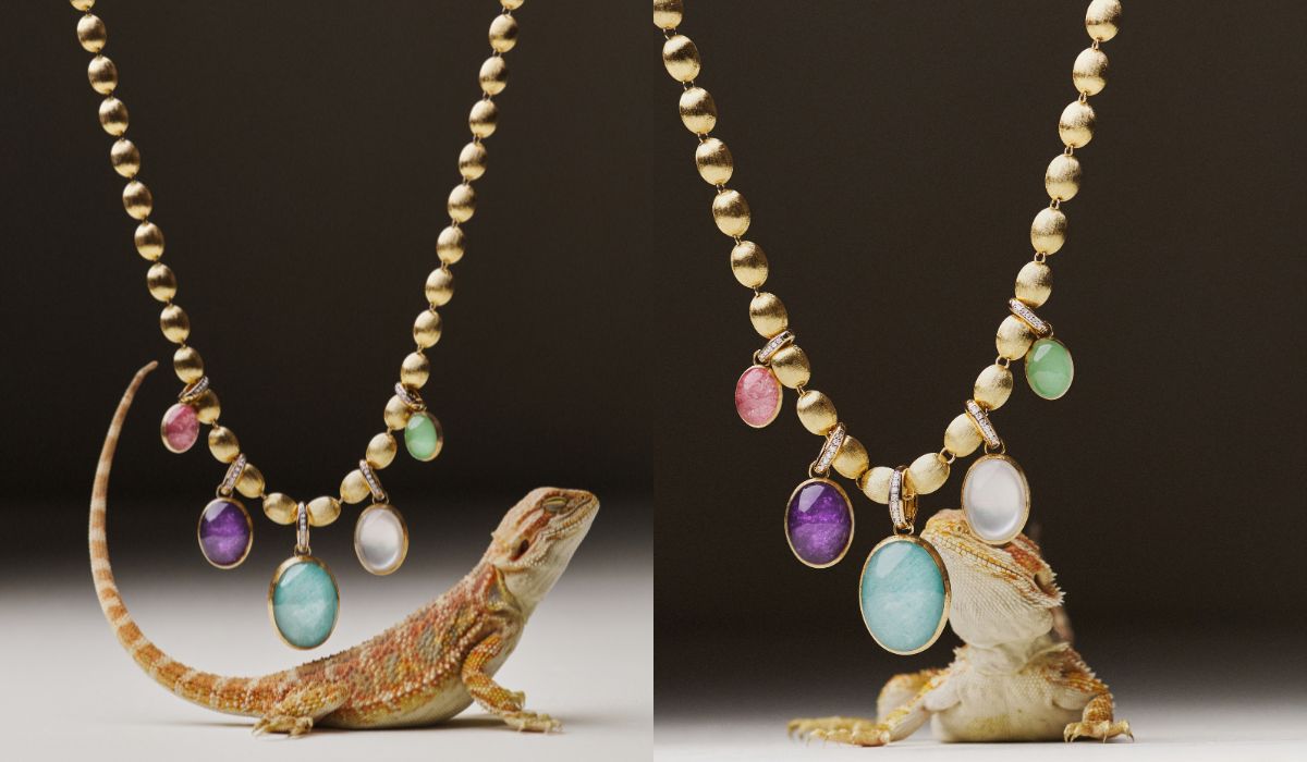 Ivy necklace with Boules charms, in hand- engraved gold, diamonds, mother-of-pearl, rock crystal, strawberry quartz, lepidolite, amazonite, jadeite, Boule collection.