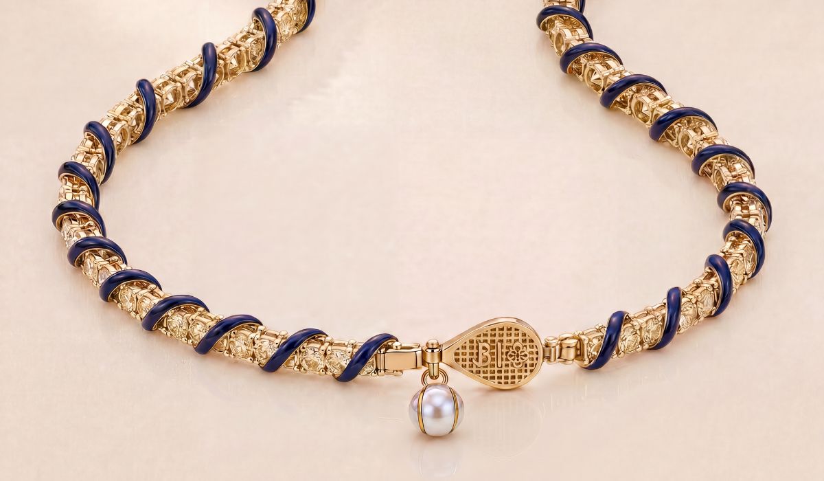 Yellow gold necklace with blue enamel, diamonds and natural pearl, Topspin Tennis Series, Bijules x Kamyen.