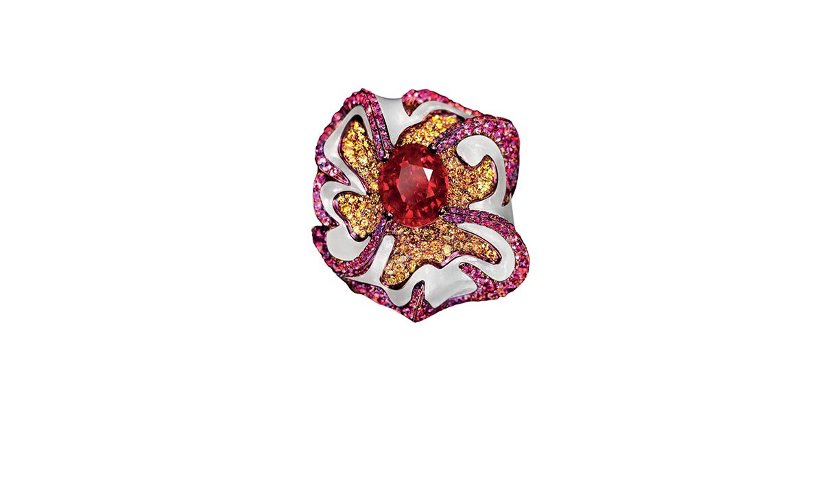 Top view of the Star of Light ring by Wallace Chan depicting a new plum flower