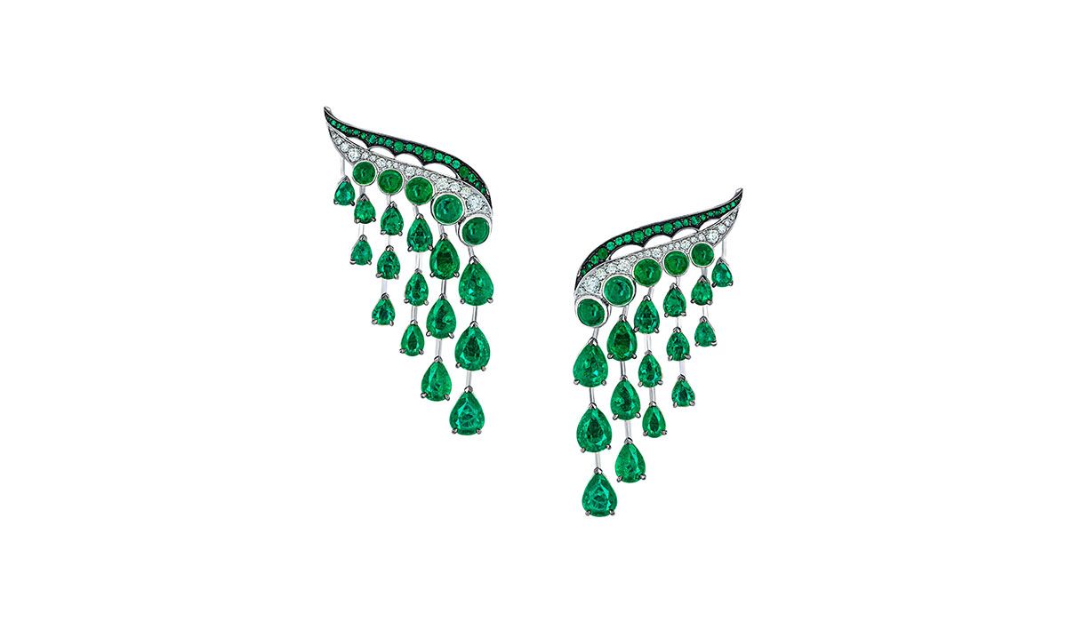 Gold, diamonds and Gemfields sourced emeralds Dido Belle earrings, Legends of Africa, Vanleles.