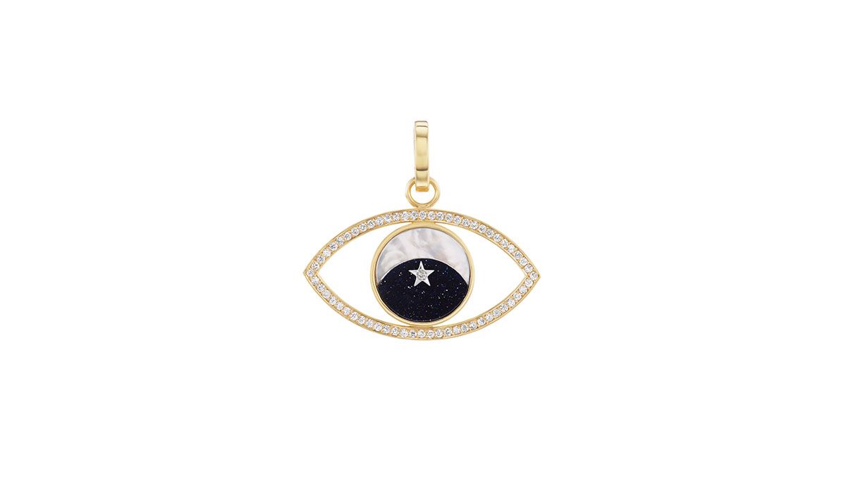 “Ora Eye” charm with diamonds and the iconic half-moon mosaic used here as an eye, a very precious protection talisman.