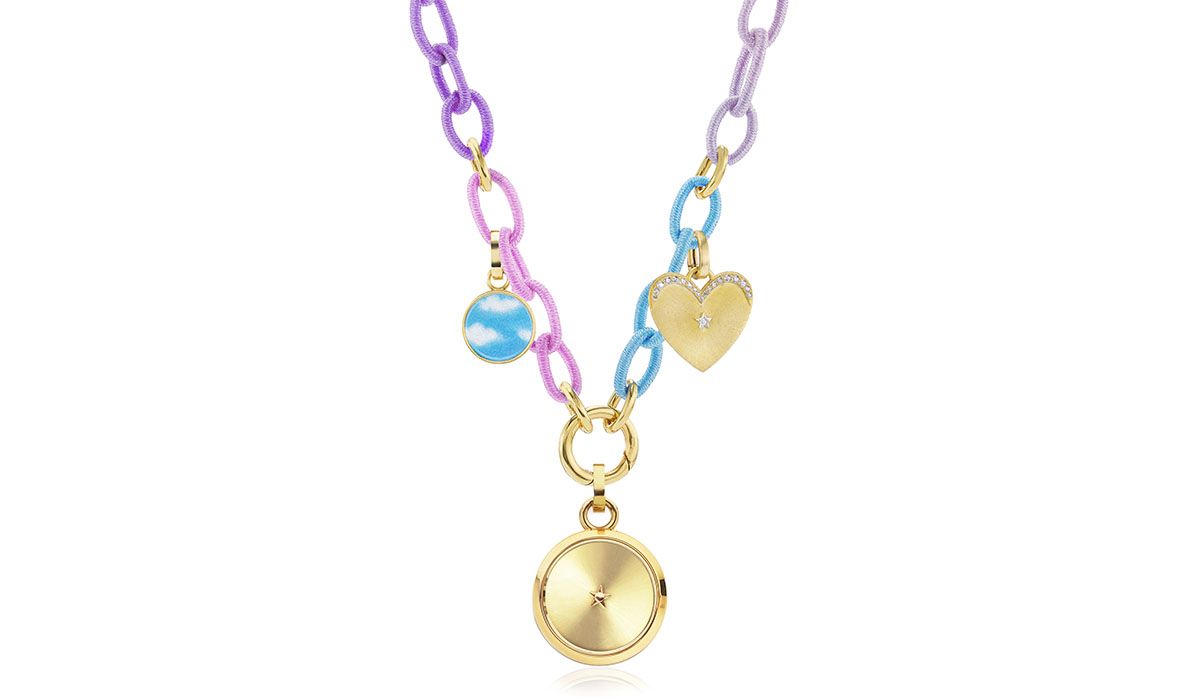 Composition of pendants belonging to three different collections: “Carpe Diem Gold”, “Art Dreamy Clouds” and “Ora Gold Heart Precious” with diamonds, on a silk necklace with opening and removable lobster clasp closures.
