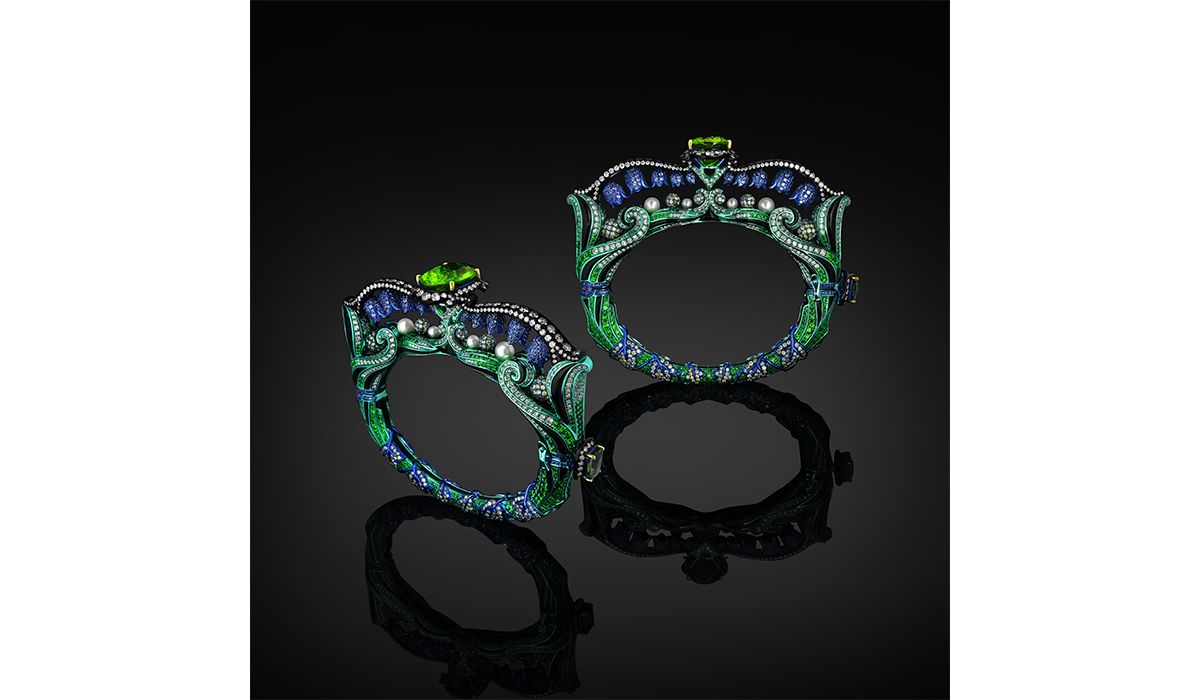 The Muguet des Bois bangles in yellow gold set with Afghanistan peridot, indicolite, onyx, pearls, blue sapphires, tsavorites, fancy color diamonds, and white diamonds, The Chloris’ Yard collection, Austy Lee.