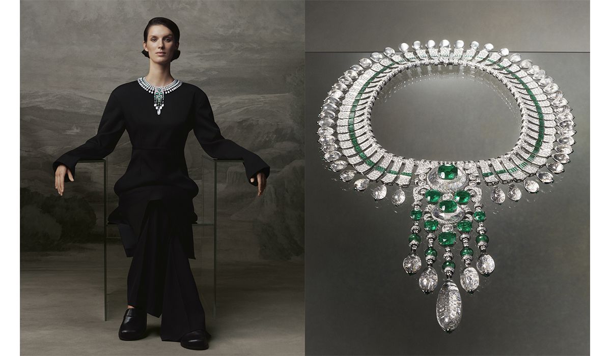 Platinum and white gold Maharajah necklace with emeralds, diamonds, rock crystal. Histoire de Style, New Maharajahs high jewelry collection. Boucheron
